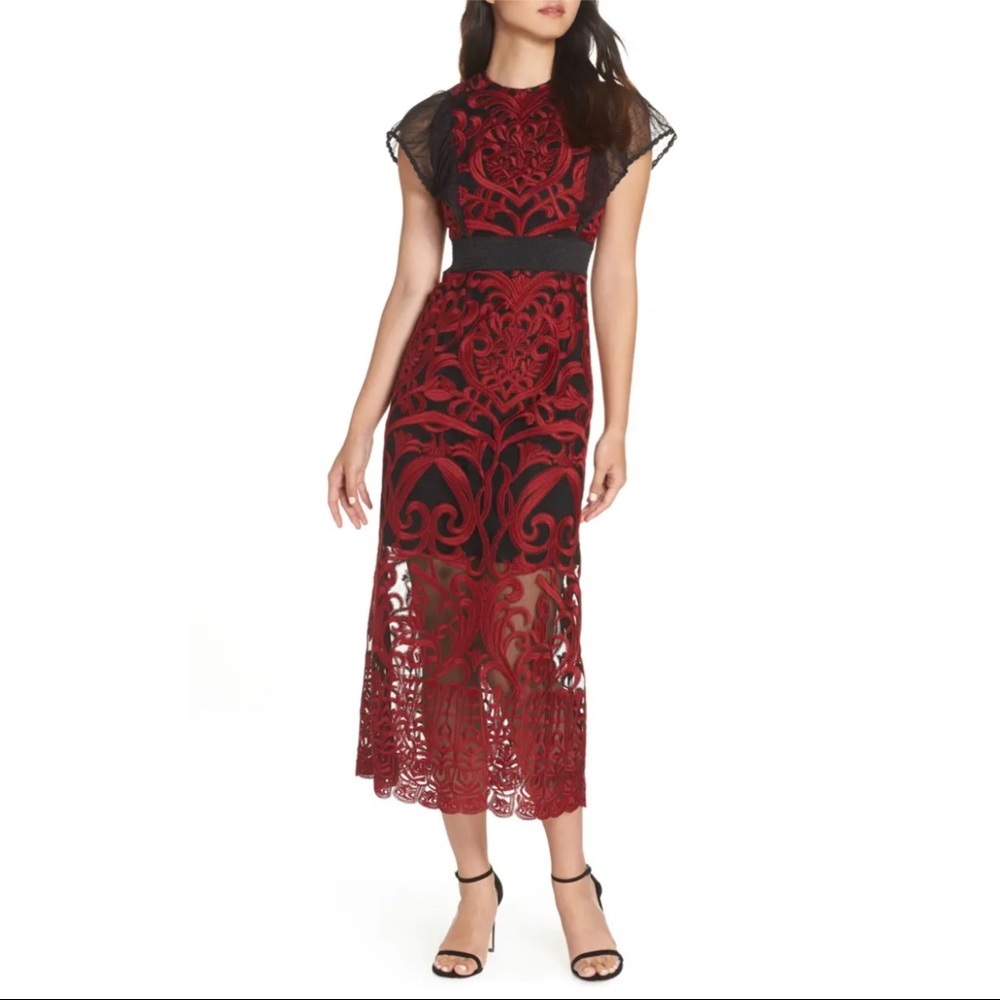 Foxiedox Red and Black Embroidered Dress Sz 2 New!